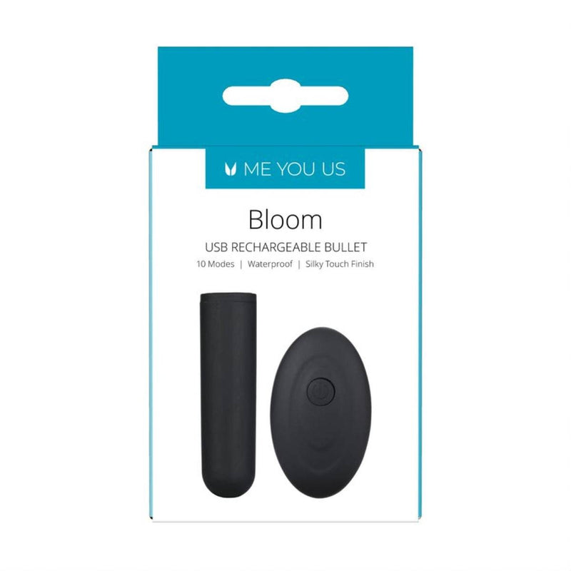 Load image into Gallery viewer, Front View Packaging - Me You Us Bloom USB Rechargeable Bullet Black - Simply Pleasure
