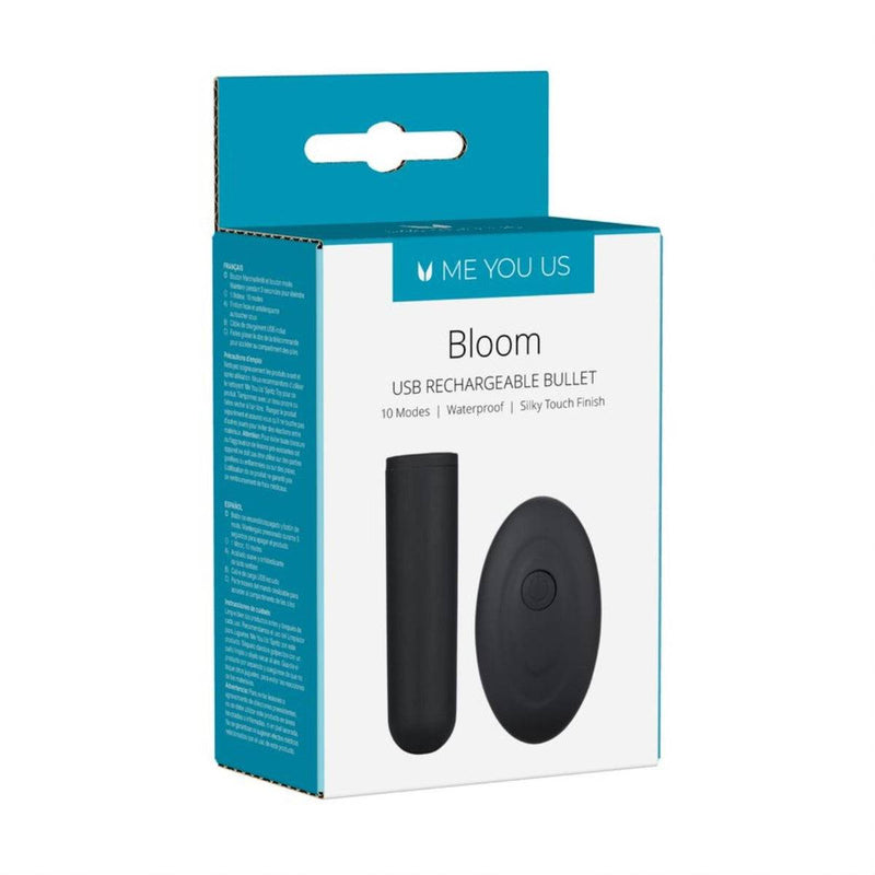 Load image into Gallery viewer, Front Side View Packaging - Me You Us Bloom USB Rechargeable Bullet Black - Simply Pleasure
